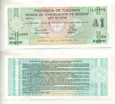 Аргентина, провинция Тукуман 1 аустраль 1991 Pick S 2711b бумага UNC (пресс) 6299-33-1
