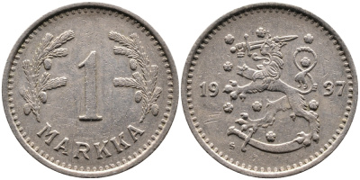 ФИНЛЯНДИЯ 1 МАРКА 1937 S KM 30 медно-никель 4388-951