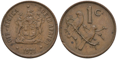 ЮАР 1 цент 1971 герб, капские воробьи KM 82 бронза 4588-1252