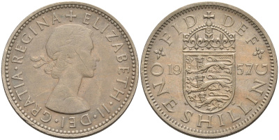 Великобритания 1 шиллинг 1957 Елизавета II (1952-2022), Английский герб KM 904, Spink 4147 медно-никель 4589-1022