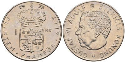 Швеция 1 крона 1973 U, Густав VI Адольф (1950-1973) KM 826a медь плакированный медно-никелем 4150-353