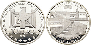 ФРГ 10 евро 2002 D, 100 лет немецкому метро KM 216, DE.S. 10.2 серебро PROOF 02-070-42