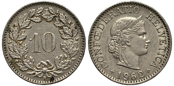 ШВЕЙЦАРИЯ 10 РАППЕНОВ 1962 В KM 27 медно-никель 4181-469