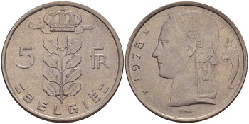 Бельгия 5 франков 1975 Belgie, Бодуэн I (1951-1993) KM 135.1 медно-никель 213-431