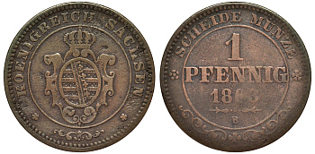 САКСОНИЯ 1 ПФЕННИГ 1863 В, ЙОХАНН (1854-1873) KM 1216 медь 75-1126