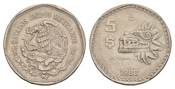 Мексика 5 песо 1980 Мо, бог Кетцалькоатцаль (пернатый змей) KM 485 медно-никель 4656-1227