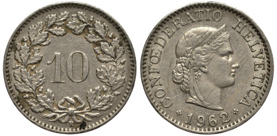 ШВЕЙЦАРИЯ 10 РАППЕНОВ 1962 В KM 27 медно-никель 4181-469