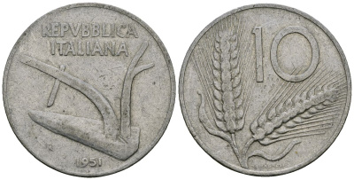 Италия 10 лир 1951 KM 93 алюминий 4521-1223