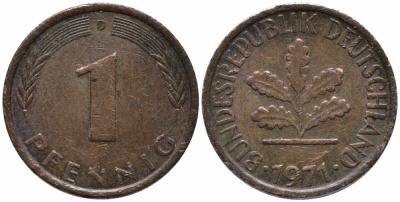 ФРГ 1 ПФЕННИГ 1971 D KM 105, J. 380 сталь плакированная медью 112-132