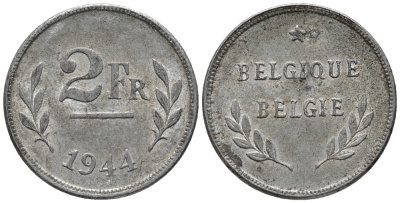 БЕЛЬГИЯ 2 ФРАНКА 1944 KM 133 сталь плакированная цинком 4387-666