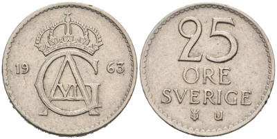 Швеция 25 эре 1963 Густав VI Адольф (1950-1973) KM 836 медно-никель 4564-754