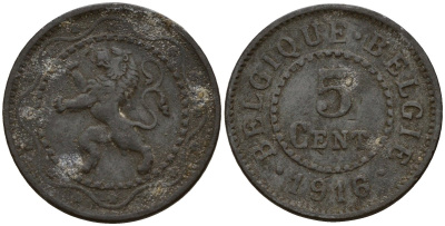 Бельгия 5 сантимов 1916 германская оккупация Первая мировая война, Альберт I (1910-1934) KM 80 цинк 4147-168