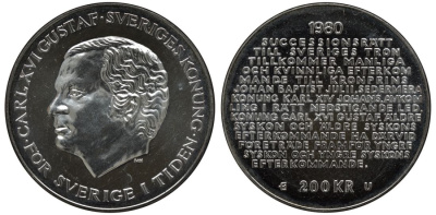 Швеция 200 крон 1980 U, Карл XVI Густав (1973- ), шведский королевский свод законов о престолонаследии KM 860 серебро PROOFLIKE 443-1232