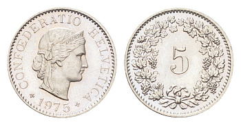 Швейцария 5 раппенов 1975 KM 26 медно-никель UNC 4705-1264