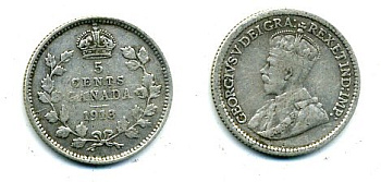 КАНАДА 5 ЦЕНТОВ 1913 ГЕОРГ V серебро 46-557