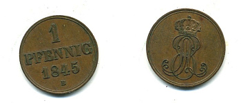 Ганновер 1 пфенниг 1845 B, Эрнст Август (1837-1851) KM 201.1, AKS 129, J. 74 медь 35-817