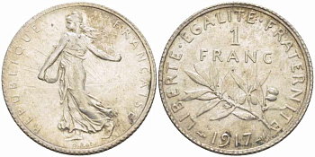 ФРАНЦИЯ 1 ФРАНК 1917 СЕЯТЕЛЬ KM 844.1, LE FRANC 217.23 серебро 4390-237