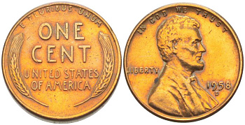 США 1 ЦЕНТ 1958 D, ЛИНКОЛЬН KM А132 медь цинк 218-1045