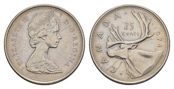 Канада 25 центов 1974 Елизавета II (1952-2022), олень KM 62b никель 4631-922