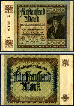 Германия 5000 марок 1922 2 декабря 1922, водяной знак E, серия W, буква T Pick 81 a бумага 8589-12-3-1