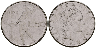 Италия 50 лир 1978 KM 95.1 нержавеющая сталь 4176-244
