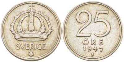 Швеция 25 эре 1947 TS, Густав V (1907-1950) KM 816 серебро 116-1137