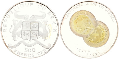 Бенин 500 франков 1997 100 лет Швейцарской Вренели UC 221 серебро PROOF 00-000-00