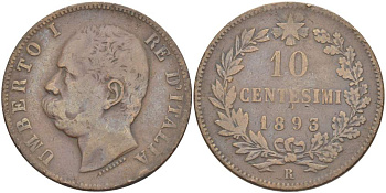 ИТАЛИЯ 10 ЧЕНТЕЗИМО 1893 R, МОНДВОР РИМ, УМБЕРТО I (1878-1900) KM 27.2 медь 4526-925