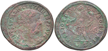 Римская Империя нуммий 302 - 303 Диоклетиан, бюст императора, IMP C C VAL DIOCLETIANVS P F AVG / Гений Римского народа, GENIO POPVLI ROMANI TS, Фессалоника RIC 25а биллон 1073-23-44