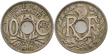 Франция 10 сантимов 1918 тип Линдайё KM 866a, Le Franc 138.3 медно-никель 4143-834