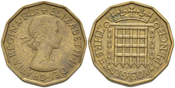 Великобритания 3 пенса 1960 Елизавета II (1952-2022) KM 900, Spink 4153 никель латунь 175-622