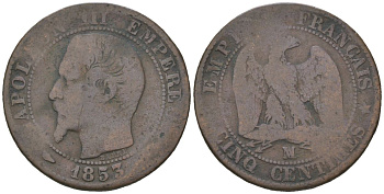 Франция 5 сантимов 1853 MA, Наполеон III (1852-1870), редкий монетный двор KM 777.6 бронза 4582-1236