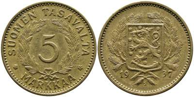 ФИНЛЯНДИЯ 5 МАРОК 1937 S KM 31 алюминиевая бронза 4388-1025