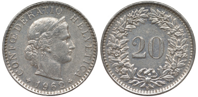 Швейцария 20 раппенов 1962 B KM 29a медно-никель 62-717