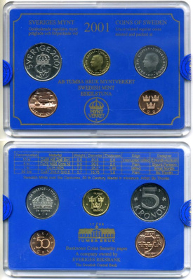 Швеция набор из 4 монет + медаль 2001 в пластике, сертификат Карл XVI Густав (1973- ) KM MS 108 UNC 4-4-1-33