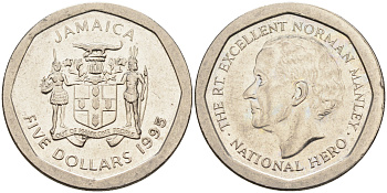 ЯМАЙКА 5 ДОЛЛАРОВ 1995 НОРМАН МЭНЛИ KM 163 сталь 4592-237