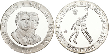 Испания 2000 песет 1990 XXV летние Олимпийские игры 1992 года в Барселоне, баскетбол KM 866 серебро PROOF 1072-8-34