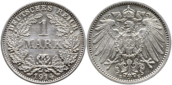 Германия 1 марка 1914 E Weege 18, J. 17, KM 14 серебро 177-216