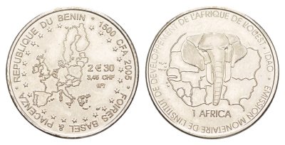 Бенин 1500 франков 2005 Евро, тираж 2.5000 экземпляров KM 44 медно-никель BU 4646-541