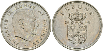 Дания 1 крона 1964 Фредерик IX (1947-1972) KM 851.1 медно-никель 4579-321