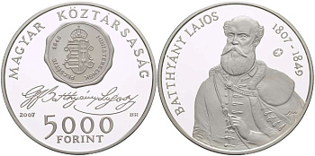 Венгрия 5000 форинтов 2007 200 лет со дня рождения Лайоша Баттьяни KM 799 серебро  PROOF  02-087-15