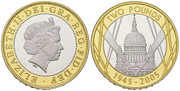 Великобритания 2 фунта 2005 Елизавета II (1952-2022), 60 лет окончанию Второй Мировой войны KM?1056a, Spink?K19 биметалл PROOF 1531-1134