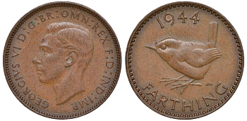 Великобритания 1 фартинг 1944 Георг VI (1936-1952) KM 843, Spink 4116 бронза 4609-1054
