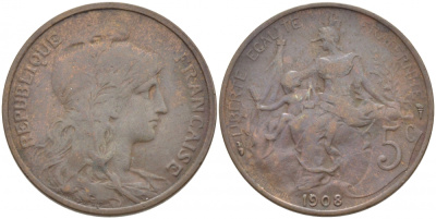 ФРАНЦИЯ 5 САНТИМОВ 1908 ТИП ДАНИЭЛЬ ДЮПЮИ KM 842, LE FRANC 119.19 бронза 4448-155