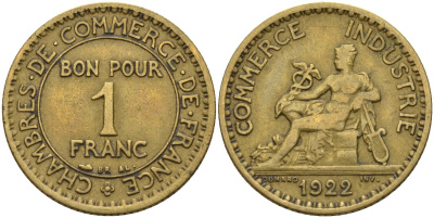 Франция 1 франк 1922 KM 876, Le Franc 218.5 алюминиевая бронза 4142-643