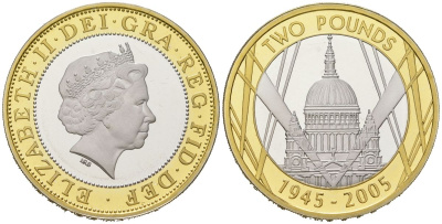 Великобритания 2 фунта 2005 Елизавета II (1952-2022), 60 лет окончанию Второй Мировой войны KM?1056a, Spink?K19 биметалл PROOF 1531-1134