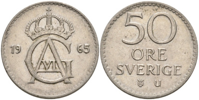 Швеция 50 эре 1965 U, Густав VI Адольф (1950-1973) KM 837 медно-никель 4379-1114