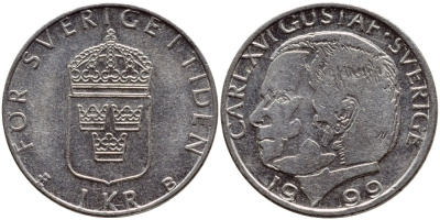 Швеция 1 крона 1999 Карл XVI Густав (1973- ) KM 852a медно-никель 89-1742