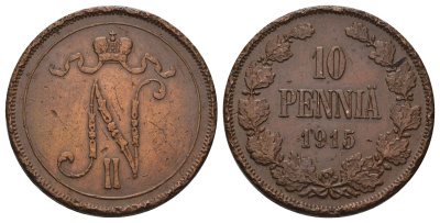 Россия для Финляндии 10 пенни 1915 Николай II (1894-1917) Биткин 438 медь 4590-1026