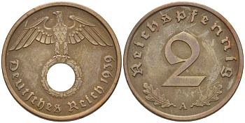 ГЕРМАНИЯ 2 РЕЙХСПФЕННИГА 1939 A KM 90, J. 362 бронза 261-1022